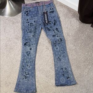 Mubasic Blue Distressed Flare Jeans